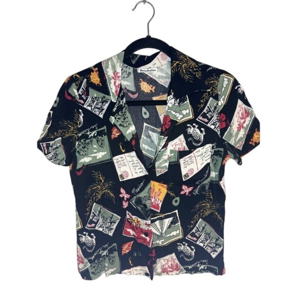 Reformation Cuba Postcard Print Short Sleeve Button Down Shirt